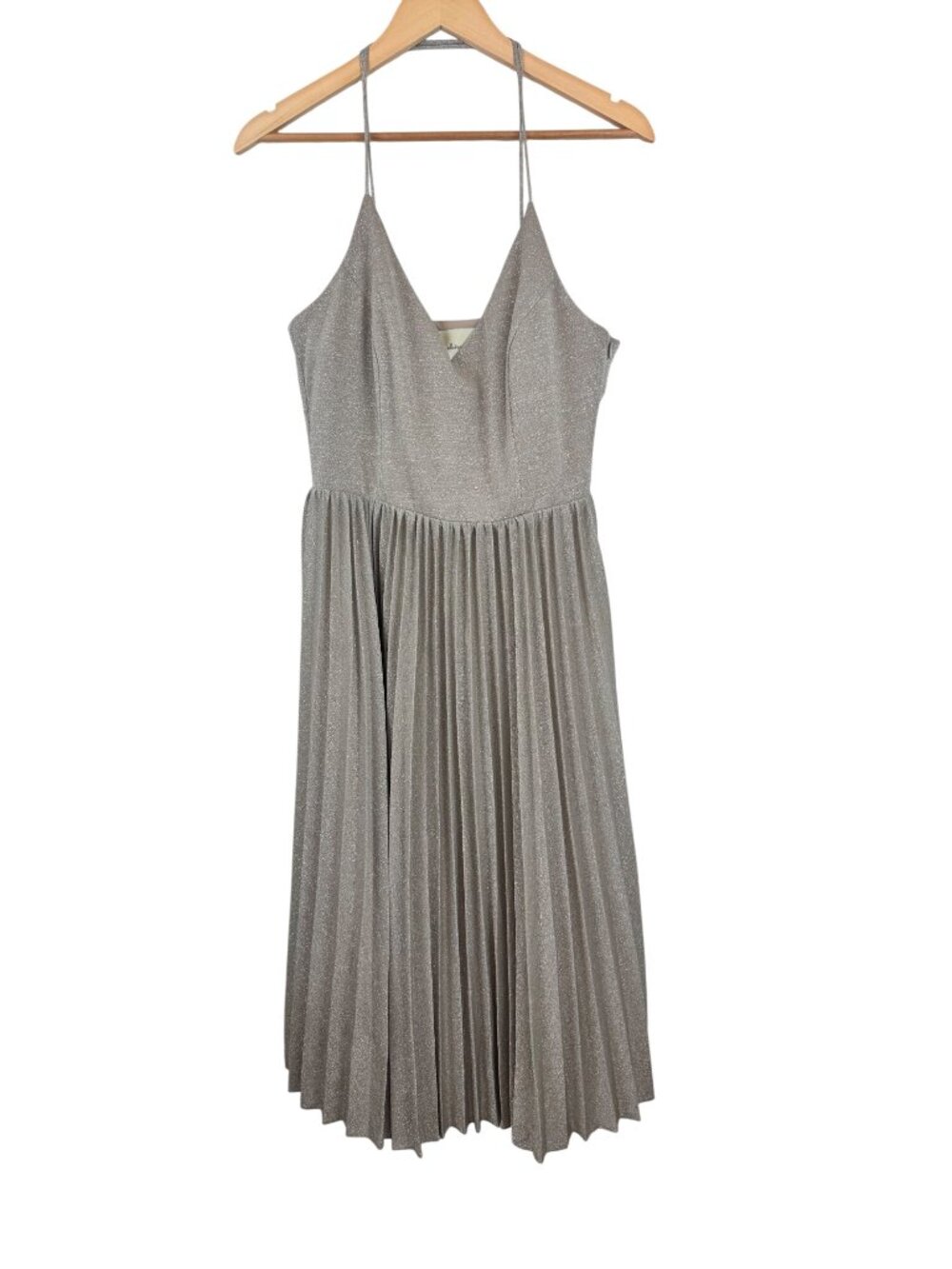 NEW Anthropologie Elevenses Lunar Pleated Midi Dress Silver Metallic Size 10